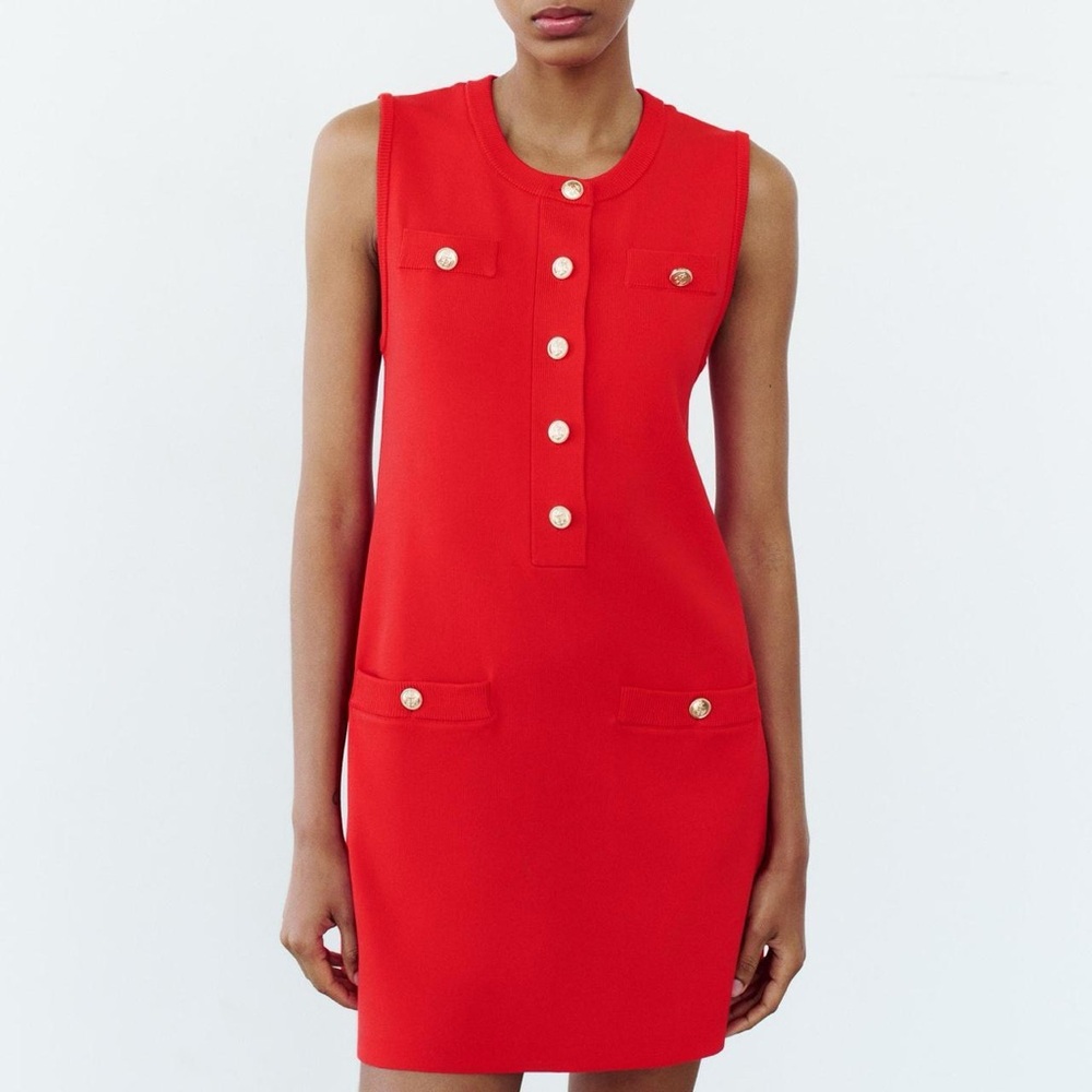 NWT Zara Knit Sleeveless Mini Dress with Gold Buttons in Red - L